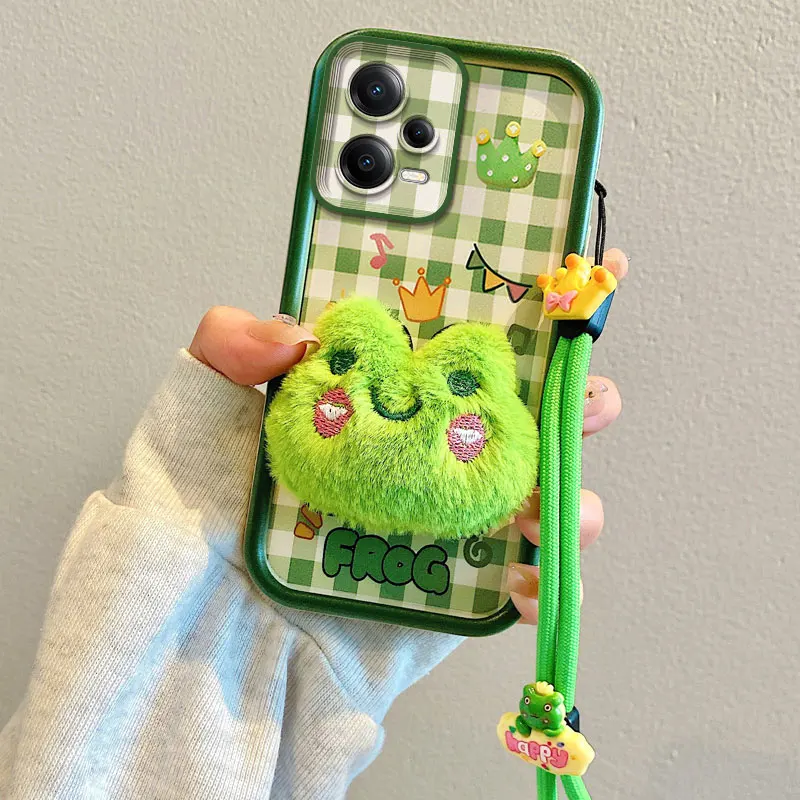 כיסוי טלפון נייד עם דמות צפרדע חמודה מתאים ל-Redmi Note 12 5G צעצוע רך קרטון רצועת חבל עם רצועת צוואר