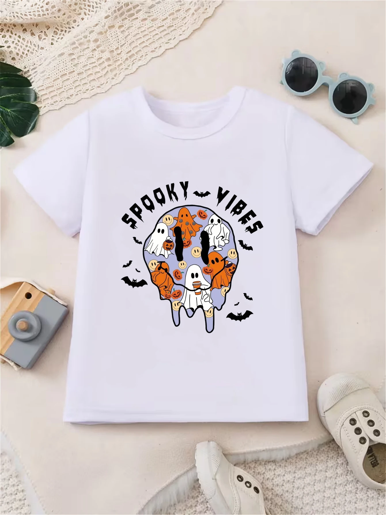 Spooky Vibes Boys Halloween T-shirt, Pumpkin Drop Skull Halloween T-shirt, Cute Retro Halloween Party Short Sleeve T-shirt Gift