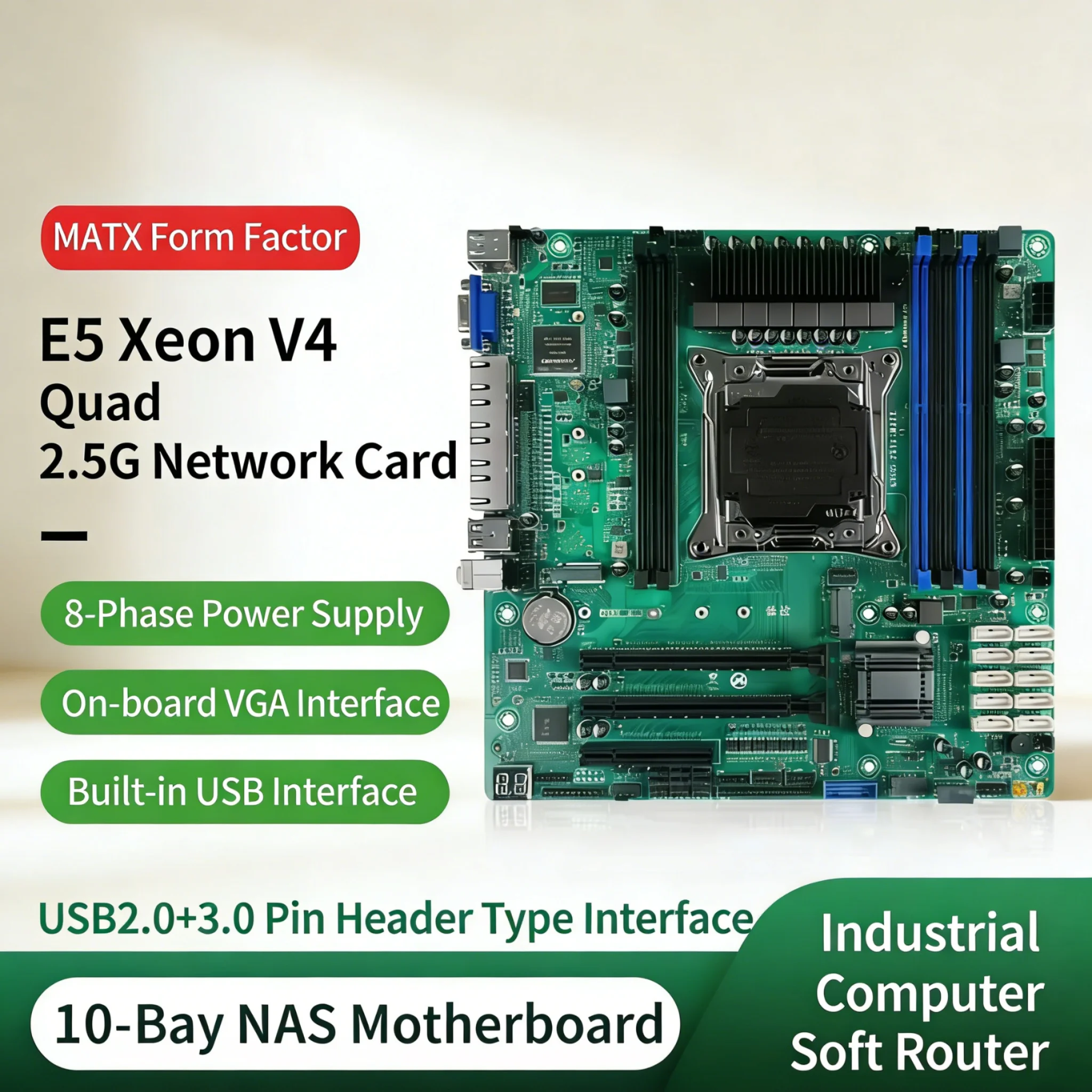 10-Bay X99 NAS Motherboard XEON E5-2699 2695 V4 C612 6*DDR4 V10*SATA 2*NVMe 4*2.5G LAN 3*PCIE Split Firewall M-ATX Mainboard
