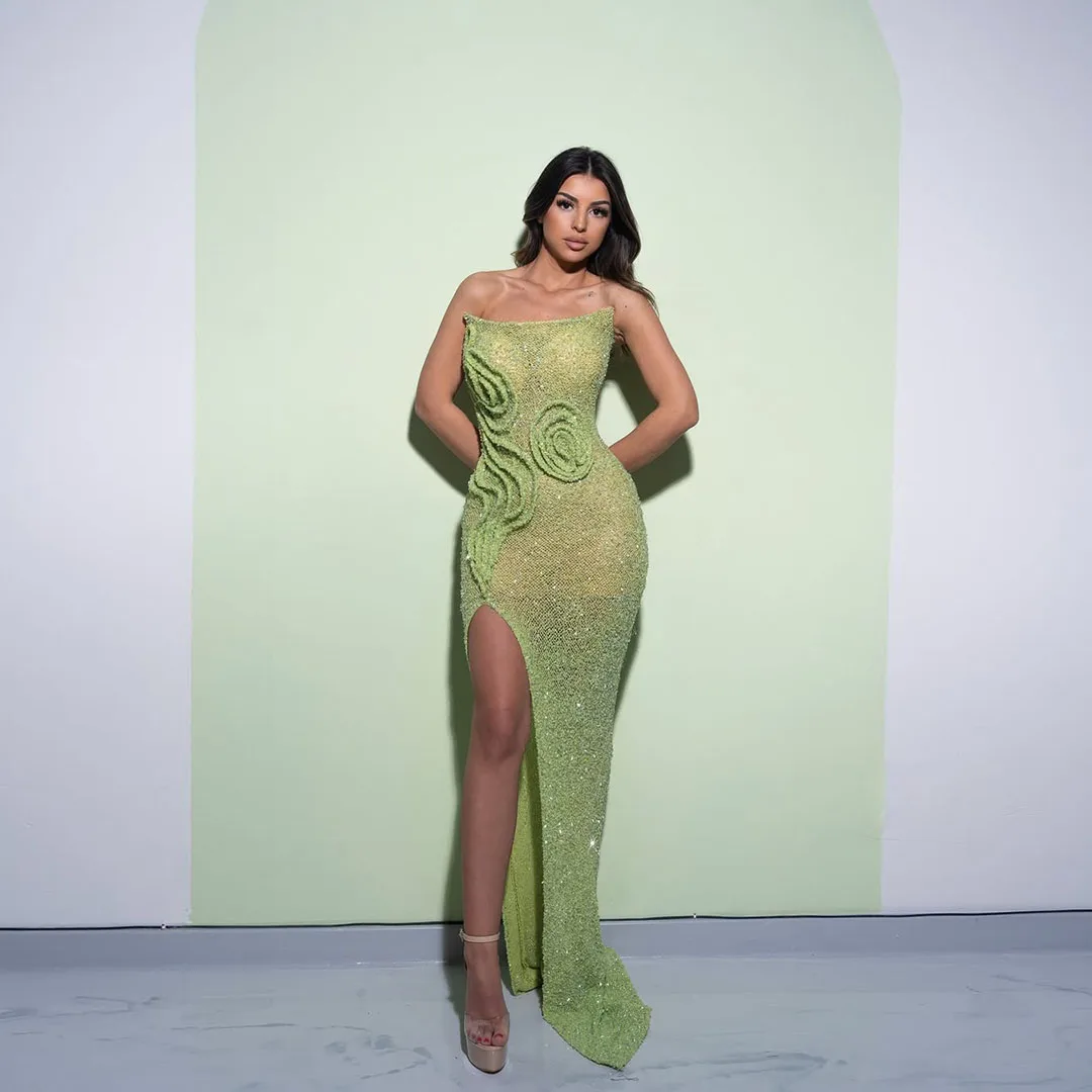 

Trendy Glitter Green Sequined Long Banquet Party Dress Sexy Strapless High Slit Mermaid Evening Gowns See Thru Celebrity Dresses