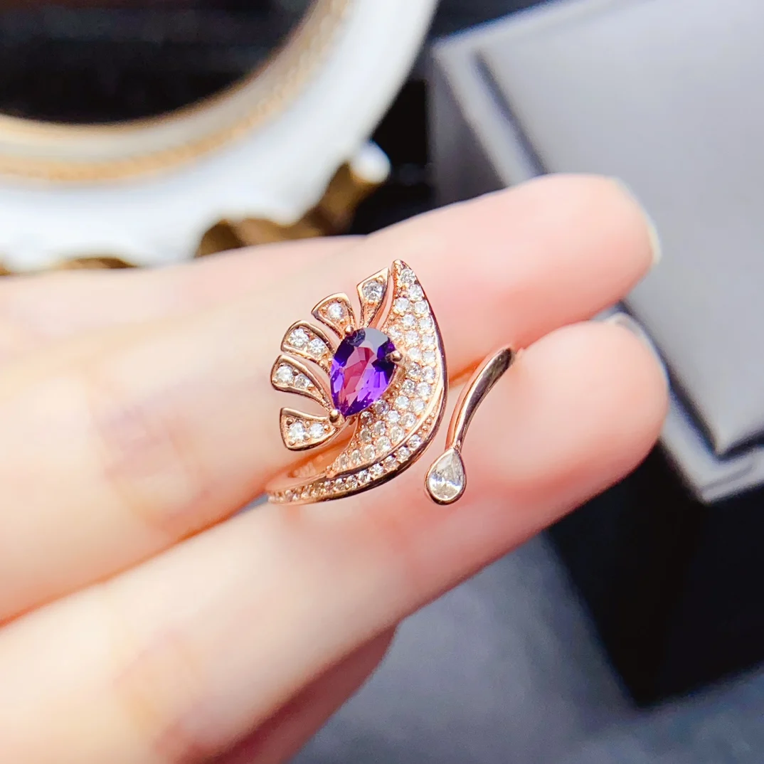 

4*6mm Natural Amethyst Ring Real S925 Sterling Silver Certificate Fashion Leaf Design Fine Charm Weddings Jewelry for Woman FS