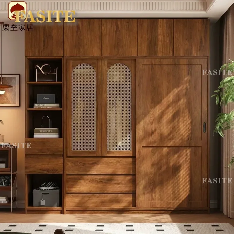 Solid Wood Retro Medieval Rattan Push Pull Wardrobe Large Capacity Storage Cabinet Light Luxury Furniture for Small Apartment