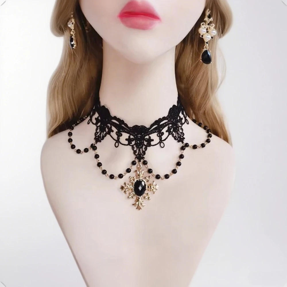 Collar gótico Lolita KC serie Diablo Notre Dame Apollo Sun Punk Rosa perla encaje collar de cadena de clavícula para Halloween