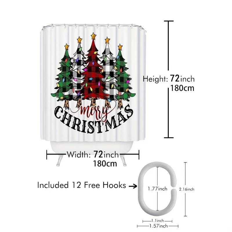 1pc Plaid Christmas Tree Shower Curtain, Water-resistant Shower Curtain Including 12 Hooks, Bathroom Partition, Bathroom Accesso