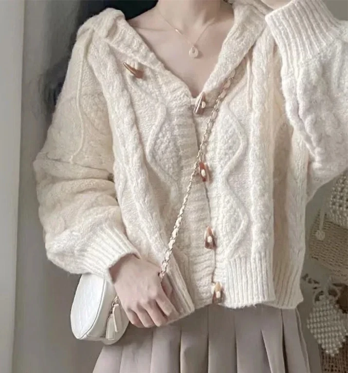 

Loose Fit Short Woolen Open Cardigan Women's Autumn Winter European Style Sweater Jacket Horn Buttons Hood Lazy Style