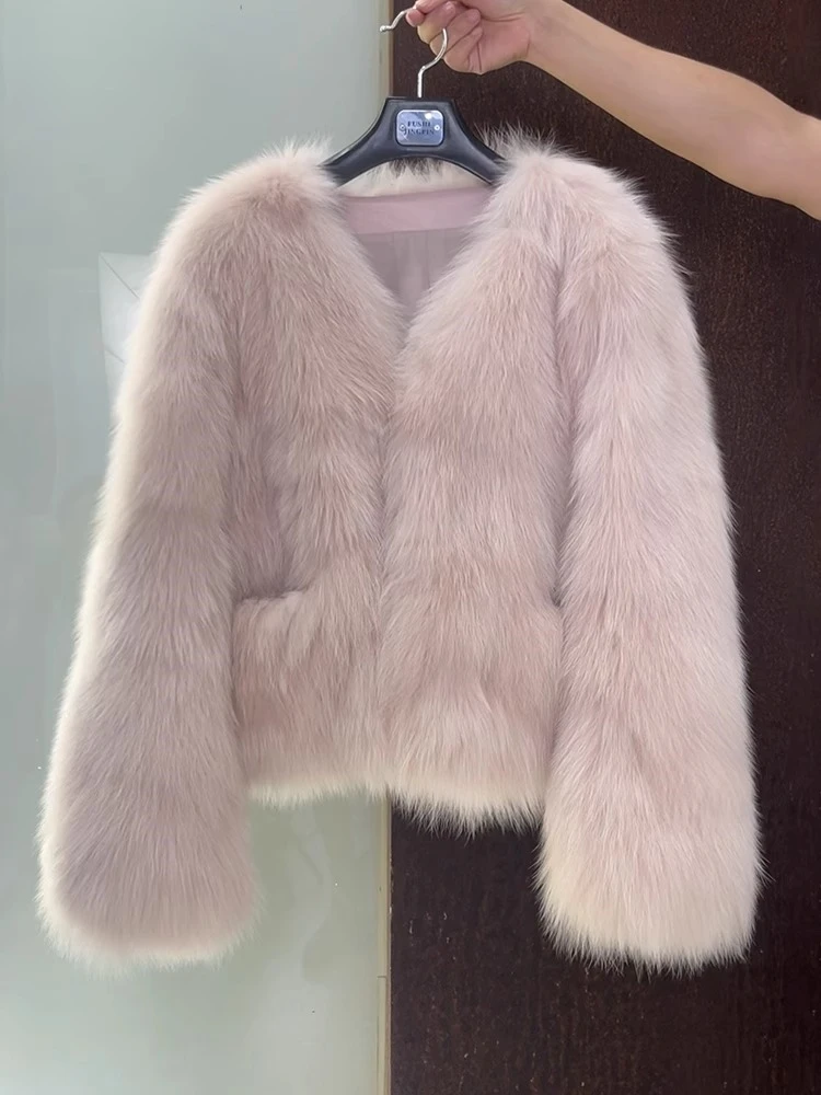 Sweet Faux Fox Fur Women's Short Fur Coat 2023 Autumn Winter Korean Style Elegant V-neck Long-Sleeved Pink Fake Leather Fur Coat