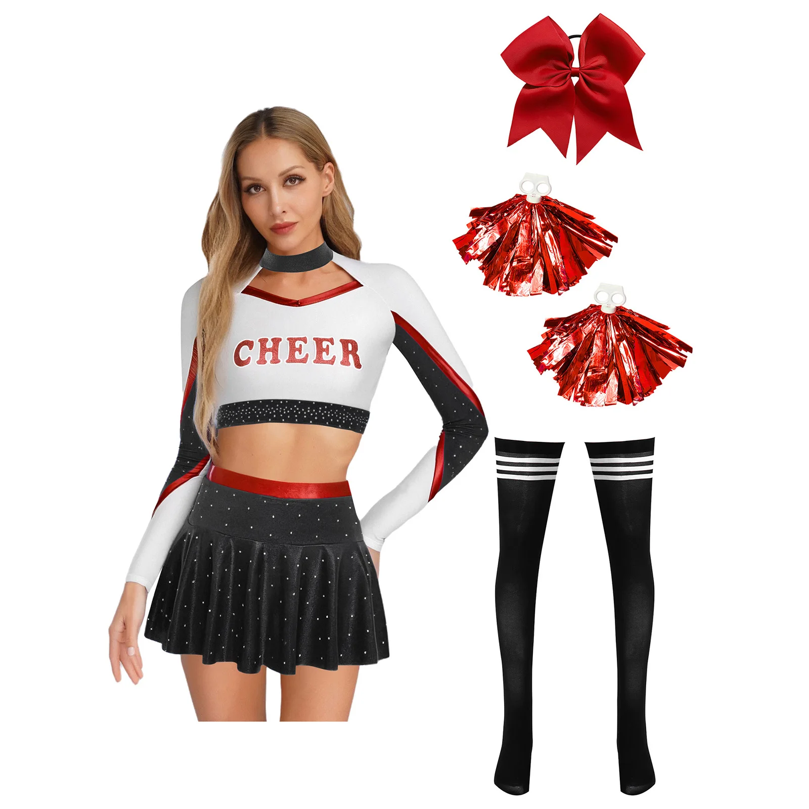

Womens College Cheerleading Uniforms Crop Top And Miniskirt with Hairband Flower Balls And Stockings Cheerleader Dance Suit