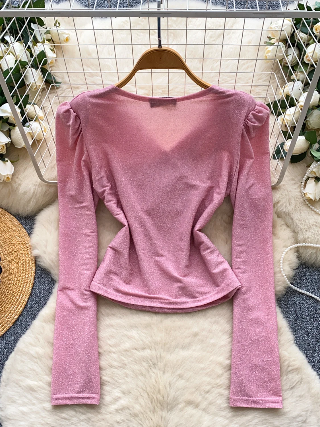 

Faionable Cross V-Ne Long Sve Base irt Women's Slimming Ele Versatile Autumn Season Polyester Fiber Commute Sle