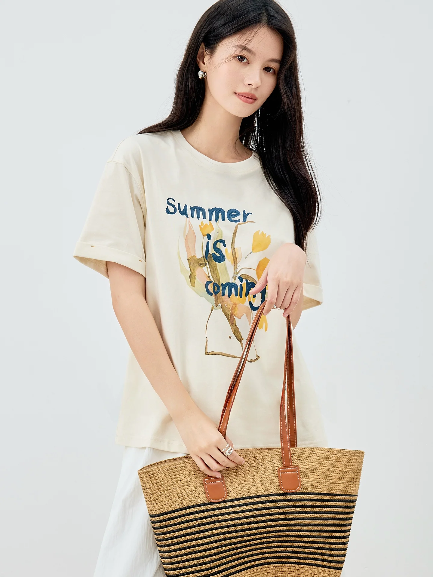 

Summer New Loose Casual Pure Cotton round Ne ort Sve T-irt Women Fan Xian Art Print Top Comfortable Breathable Cotto...