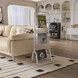 Floor-to-Wall Iron Magazine Display Rack, Movable Vintage Bookshelf, Compact Storage Shelf for Modern Homes