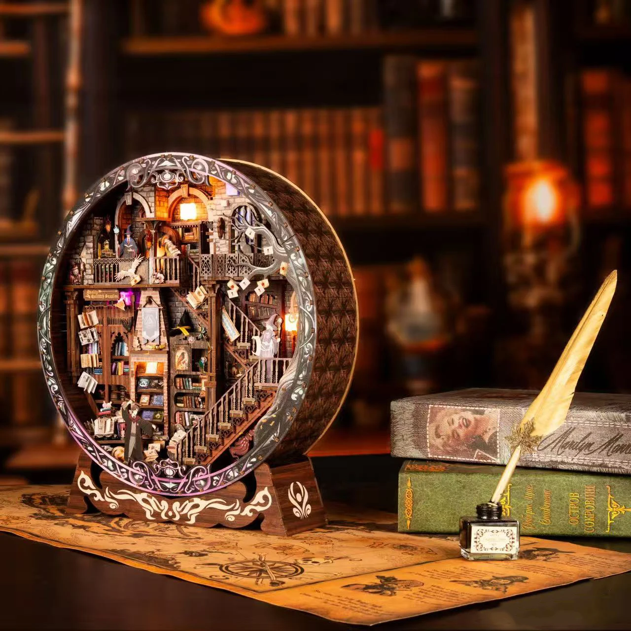DIY Wooden Magic Library Casa Miniature Model Kits With LED Lights Dollhouse with Furniture 3D Puzzle for Friends Birthday Gifts