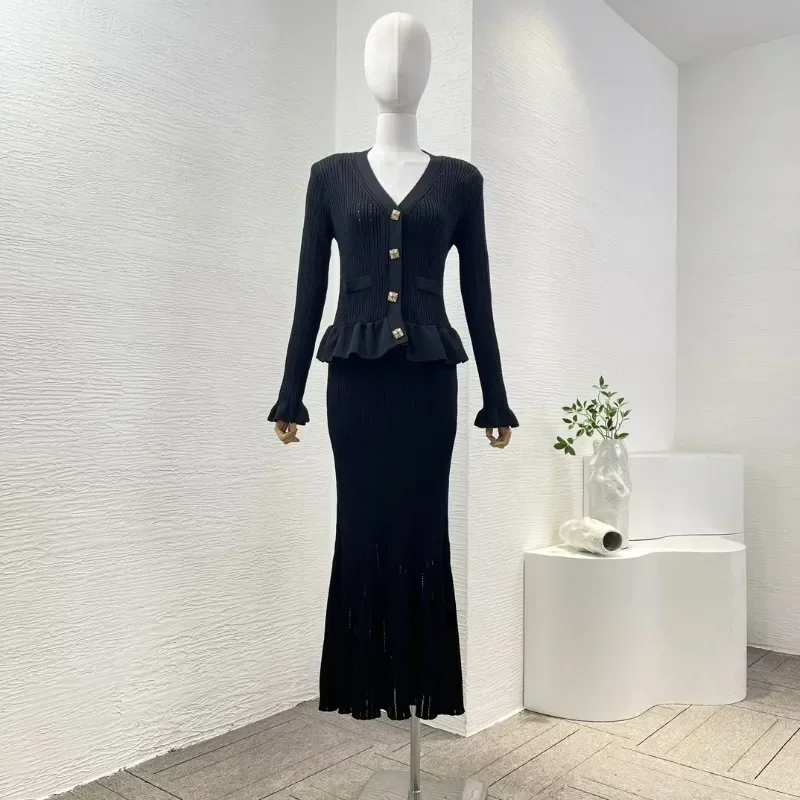 

Blue Office Lady Long Sleeve V-Neck Knit Ruffles Hem Top Quality Women Black Elegant Maxi Dresses