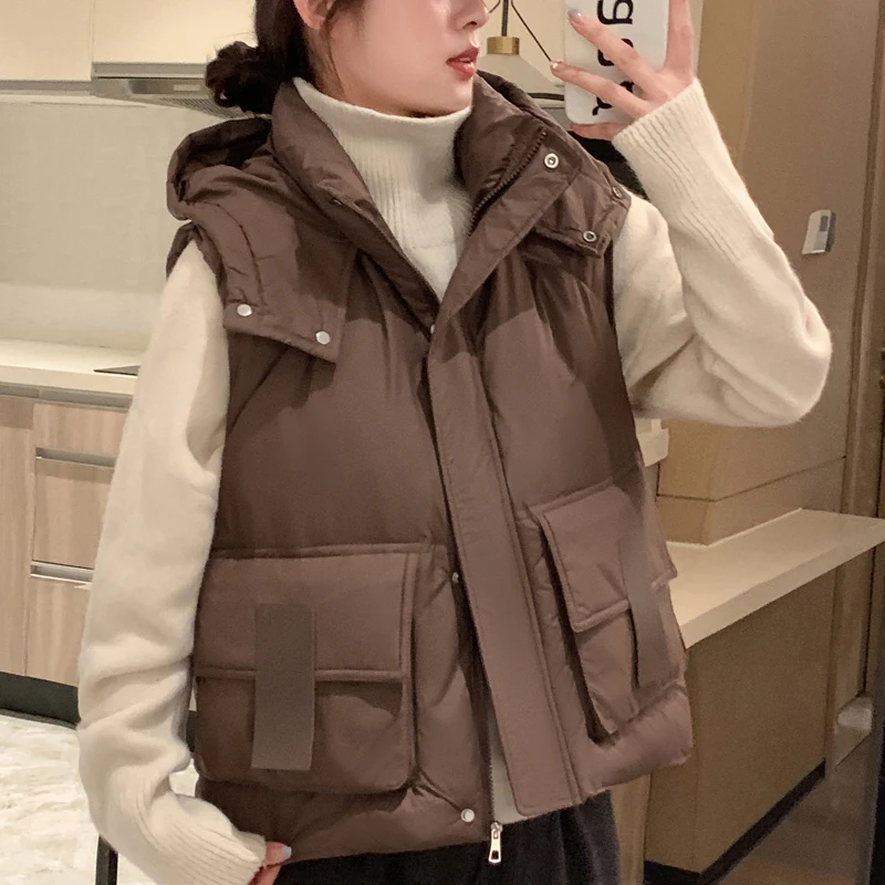 

Autumn Winter Sleeveless Jackets for Women Short Coats 2024 Fashion Loose Thick Warm Women's Vests Hooded