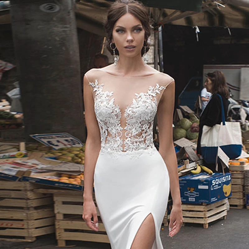 Vestido de novia sencillo de sirena com abertura na espanha, vestido sexy de roupa transparente, sin mangas, con espal