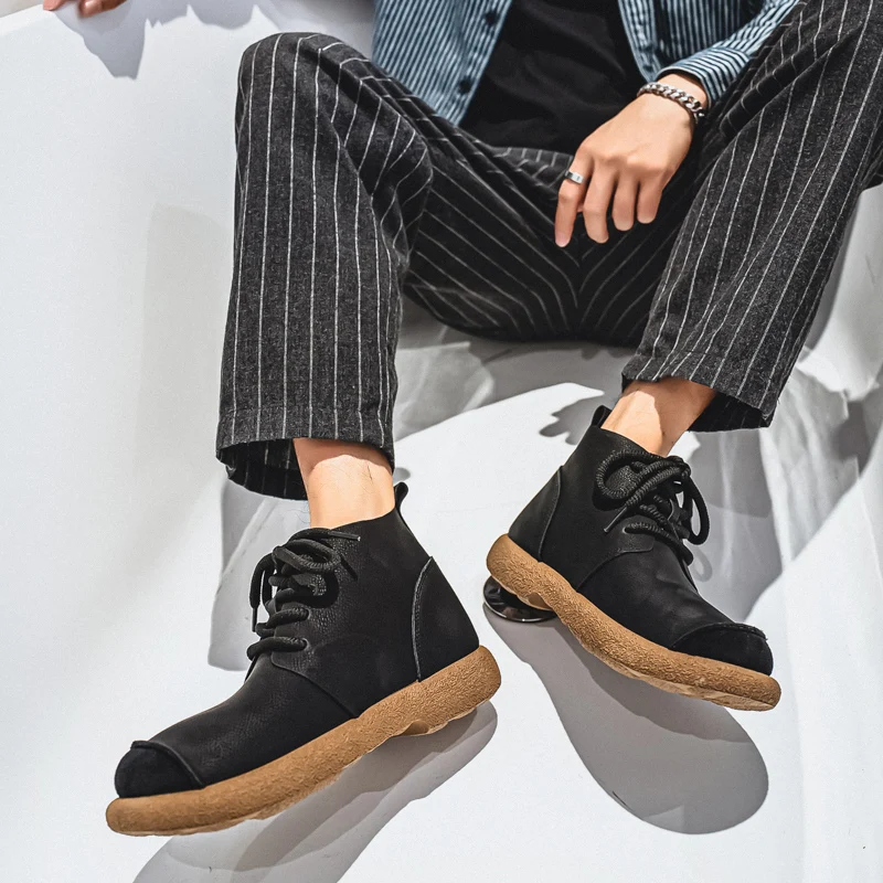 الرجعية الأسود الرجال حذاء من الجلد مريحة أحذية كاجوال رجل الأحذية الجلدية الدانتيل متابعة عالية أعلى أحذية العمل للرجال بوتاس masculino #3