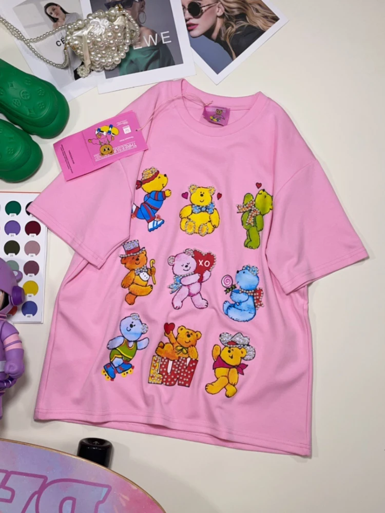 Imagem -02 - Urso Frisado Tripulação Pescoço Manga Curta Camiseta Feminina 2024 Primavera Verão Nova Impressão dos Desenhos Animados Solto Topo Kawaii Roupas Femininas Estudante