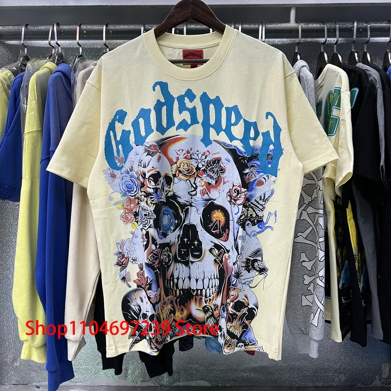 

High-quality Original Label GOD SPEED Tee Shirts Harajuku Skull Rose Print Round Neck Short Sleeve Men Women Godspeed Tops