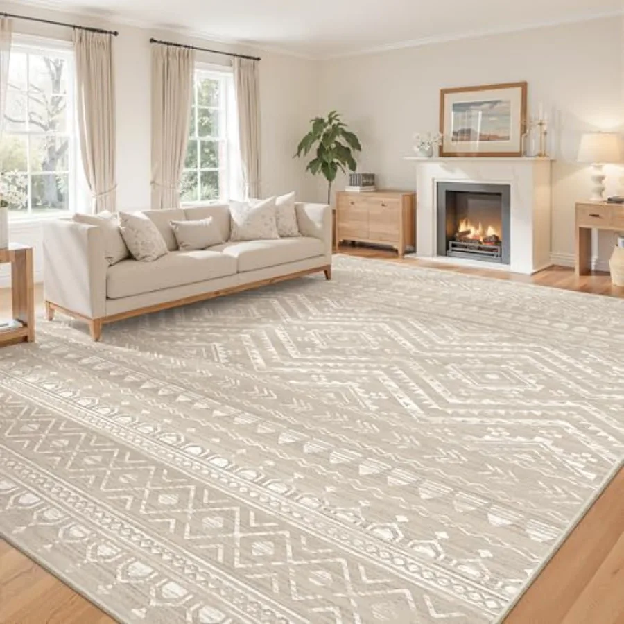 

8x10 Area Rug for Living Room, Moroccan-style washable low-pile rug in brown, non-slip backing, foldable soft indoor floor carp