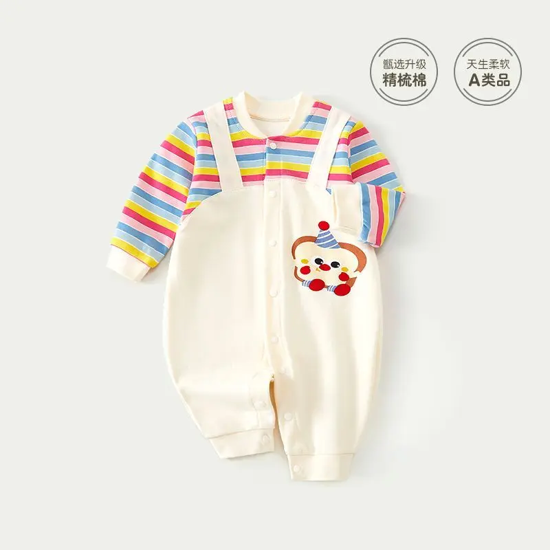 Somenie Baby Onesie Pure Cotton Long-sleeved Boys and Girls Baby Cartoon Fake Two-piece Strap Climbing Clothes Newborn Romper