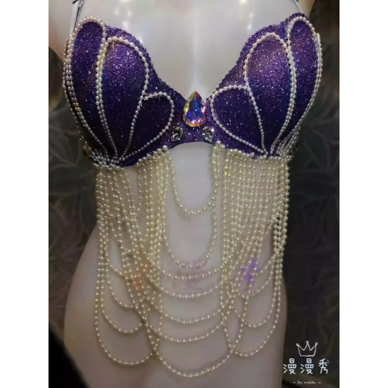 

purple pearl tassel mermaid diving performance costume belly dance bar stage bra original design customizable