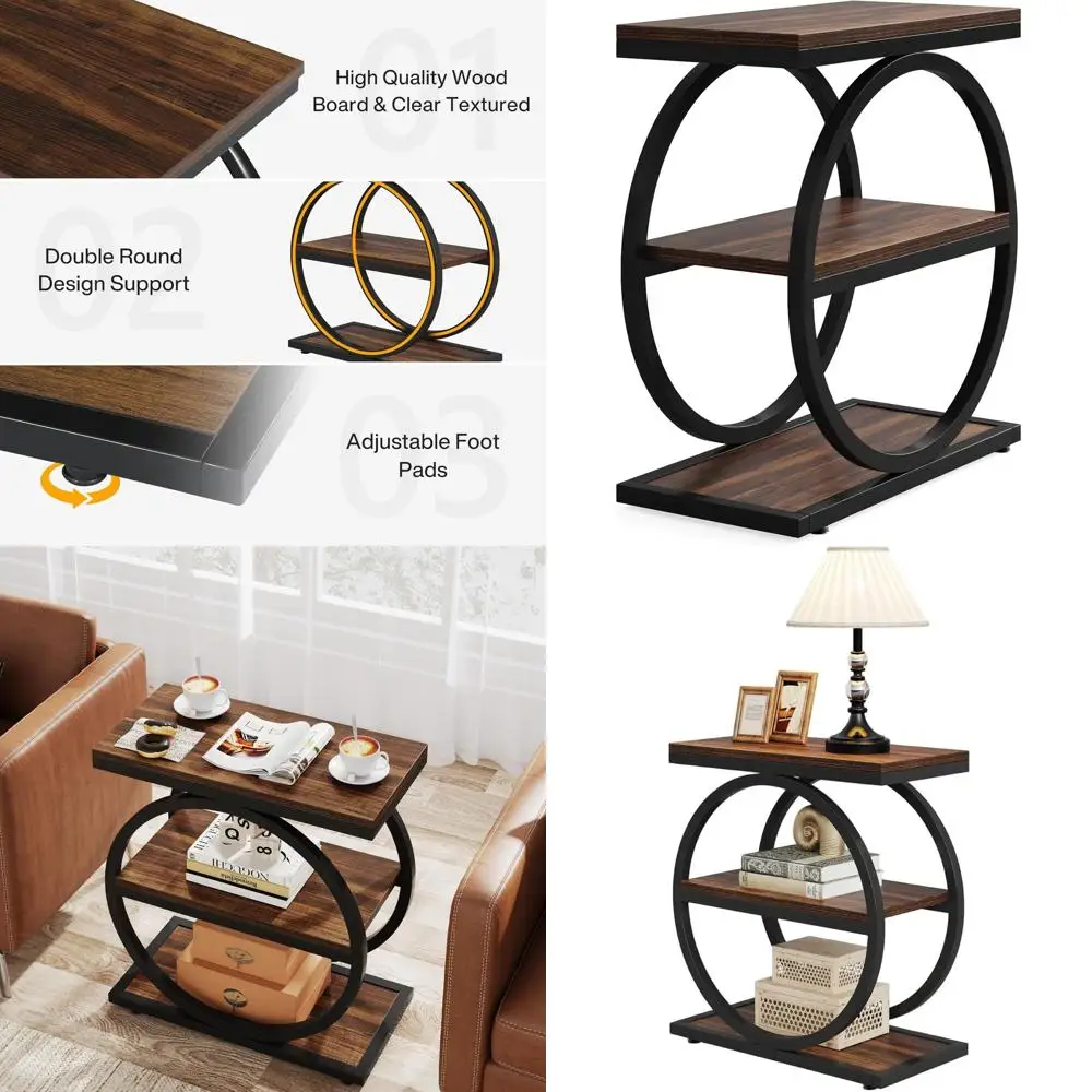 

Industrial 3-Tier Wooden End Table with Storage for Living Room, Metal Leg Accent Side Table