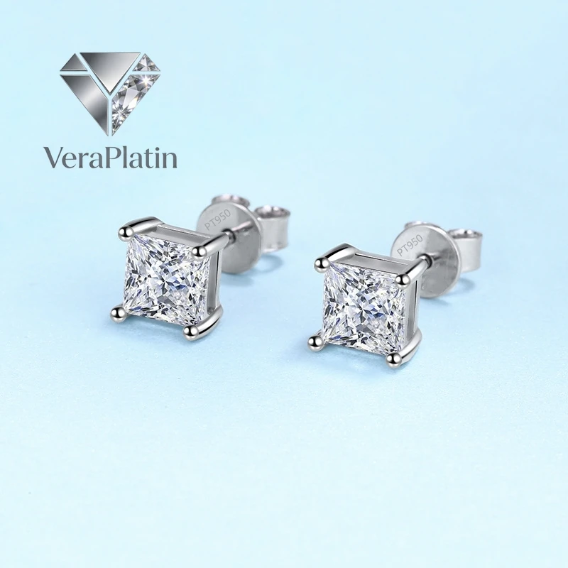 

VeraPlatin Engagement PT950 Platinum Women Earplug Stud Earrings Wedding Fine Jewelry Square 0.6/1CT Moissanite Diamond Girl Bir