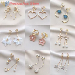 Fashion Long Tassel Non-piercing Cuff Ear Clip For Women Cute Star Moon Flower Pearl Flower Clip On Earring Party Jewelry Gifts