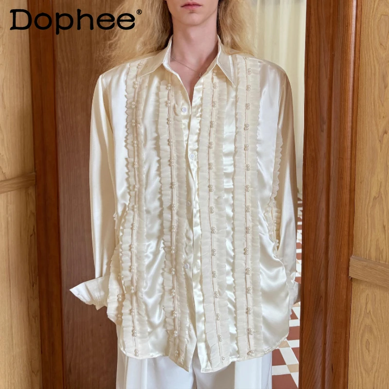 

Men's 2025 Autumn New Fashion Handmade Beaded Shirts Male Personality Loose Comfort Long Sleeve Shirts Solid Color High-end Tops