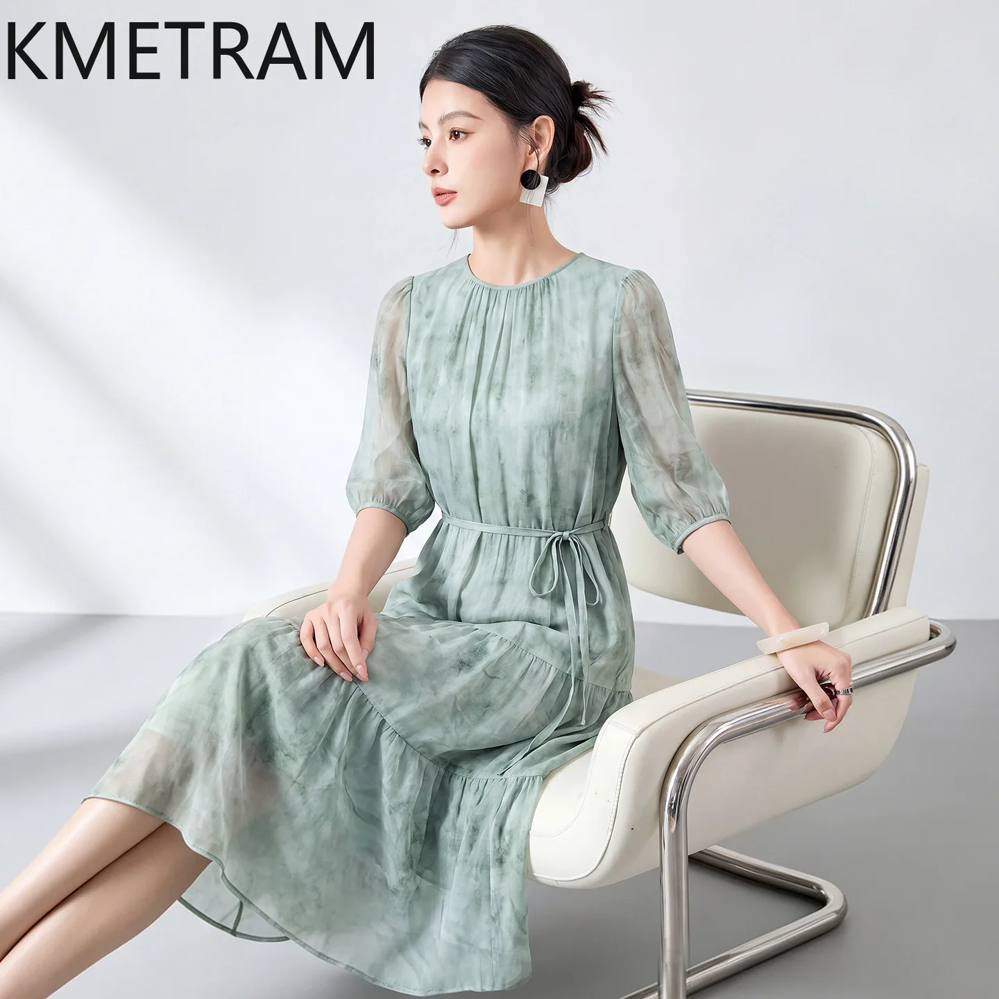 KMETRAM 100% Mulberry Silk Dresses for Woman Printed Belted Midi Dress New Chinese Style Frocks 2026 Summer Women Clothing 원피스