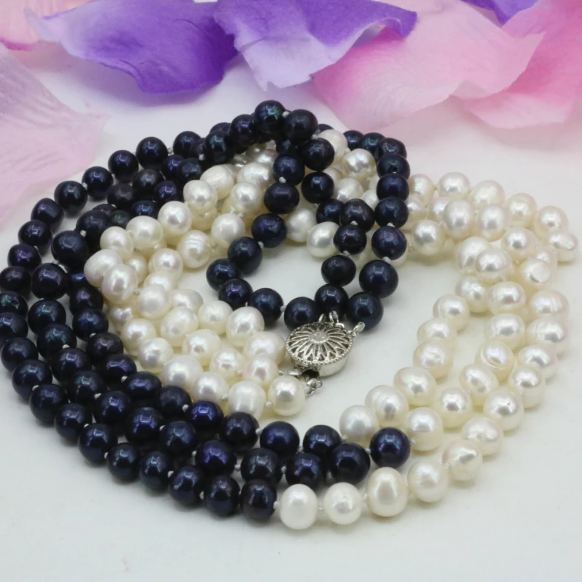 

7-8mm natural white black freshwater cultured nearround beads 3 rows necklace for women prom weddings diy gifts 17-19inch B3238