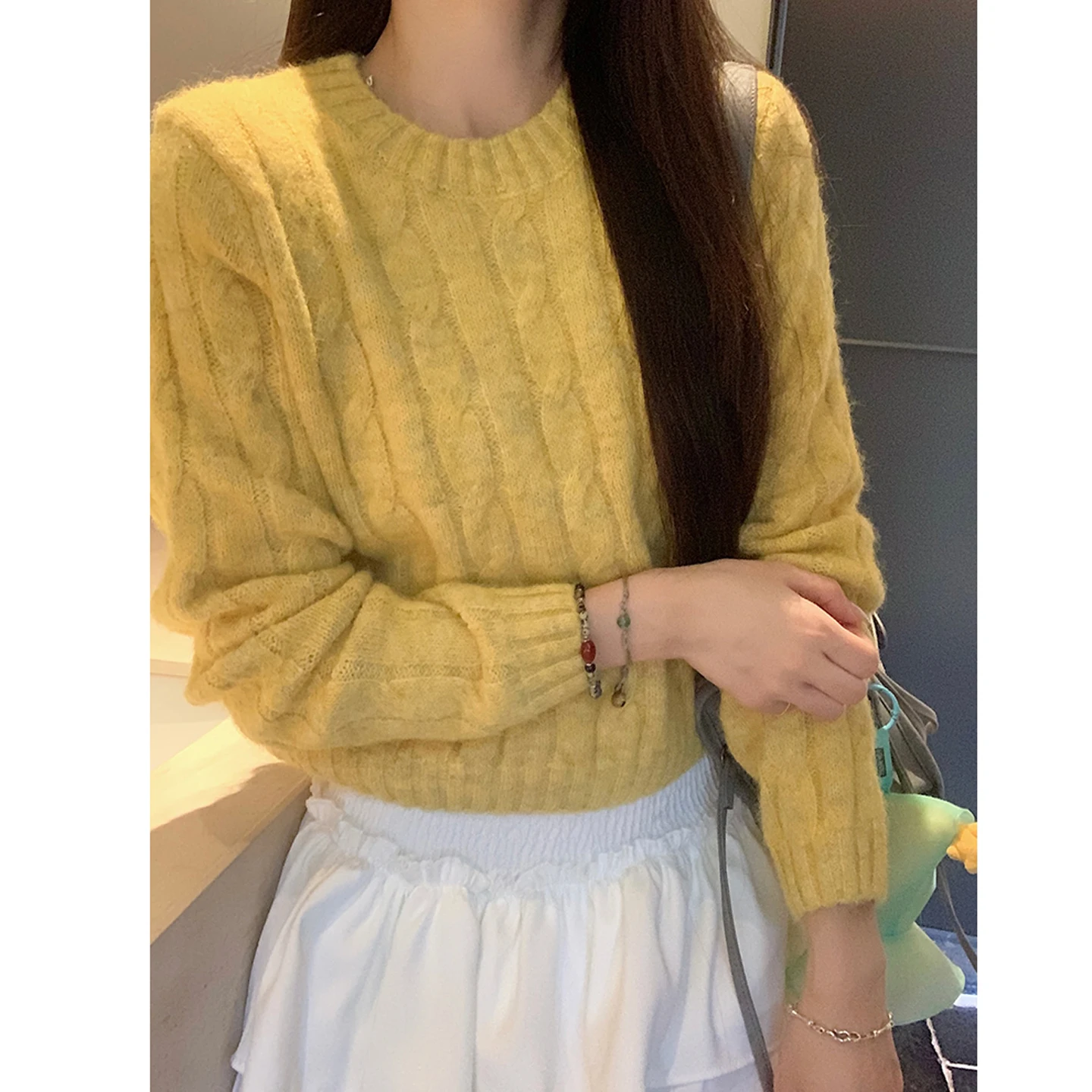 

Женский свитер Ginkgo Yellow с круглым вырезом, мягкий, объемный, в стиле ретро, вязаный, с узором косы, осенне-зимний, теплый, модный, женский трикотаж.