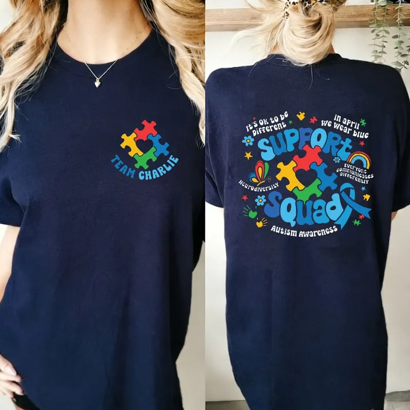 パーソナライズされた自閉症啓発シャツ、家族自閉症サポートチーム、自閉症ママシャツ、神経多様性シャツ、インクルージョンTシャツトップス