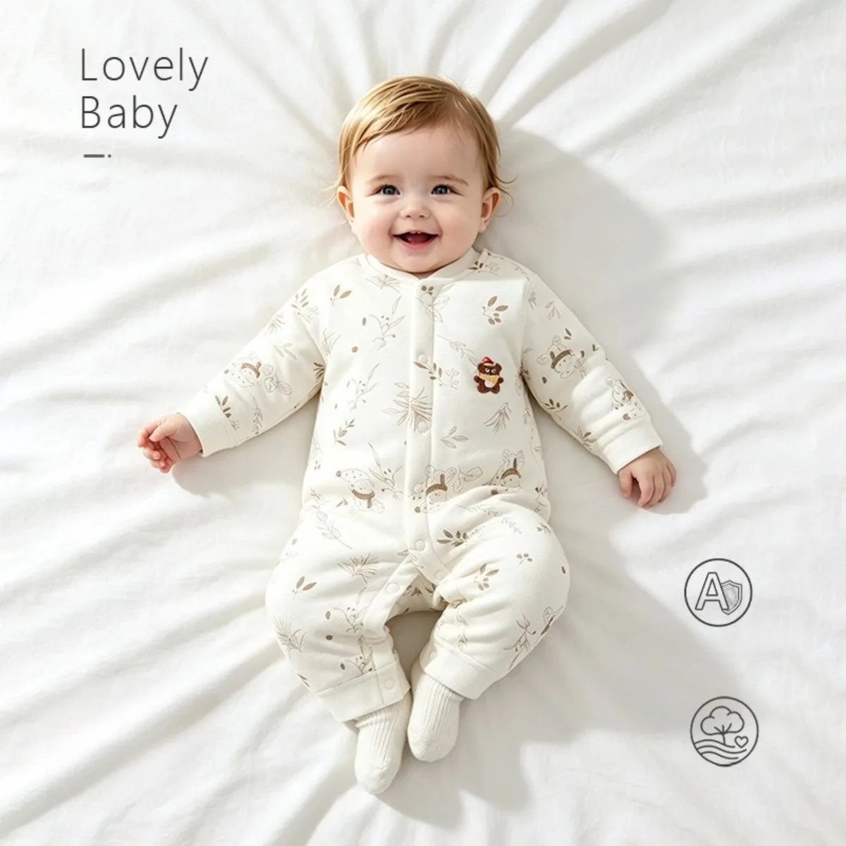 40G Soft Quilted Baby Romper Fall Winter Warm Padded Onesie Front Snaps Newborn Infant Sleepwear 0-18M Unisex with Cartoon Patch