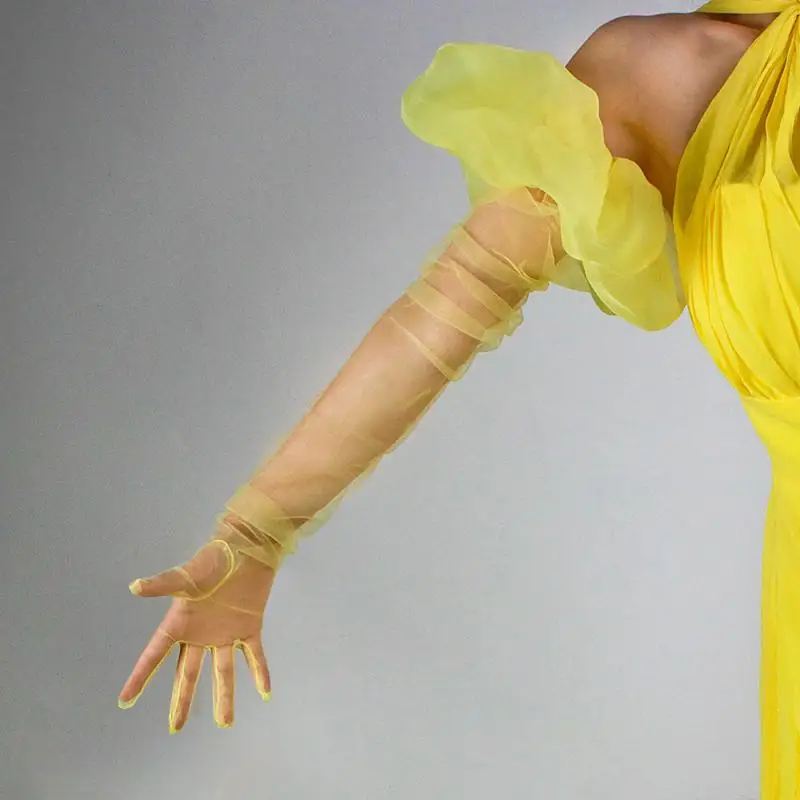 90 cm lange Tüll-Netzhandschuhe, sexy, halbtransparente Spitze, 3D-Wellenmanschetten, Damenärmel, elegante Handschuhe, gelb, einfarbig, große Puffärmel mit Rüschen – Detail 2