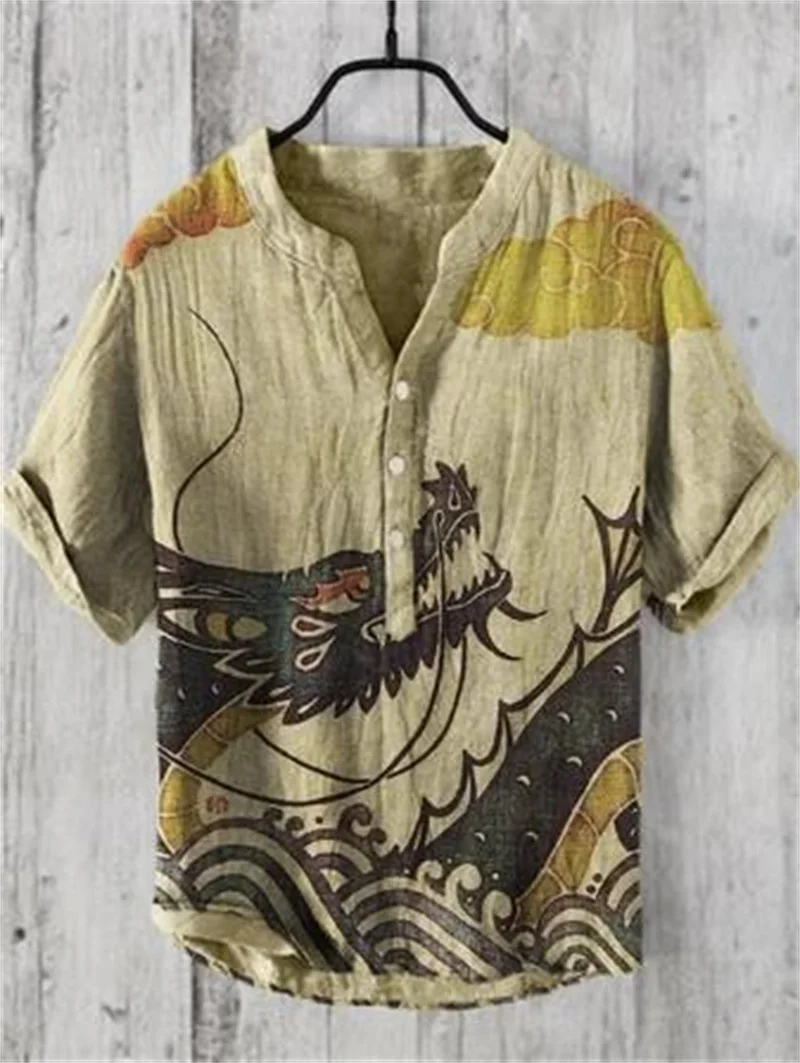 

New spring and summer men's small V-neck art wave art print shirt men's casual shirt fashionable and comfortable tops