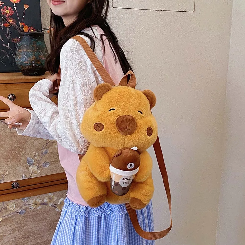 

Thickened Cute Capybara Plush Backpack Bear Milk Tea Cup Brown Doll Bag PP Cotton Adorable Cartoon Daypack Students