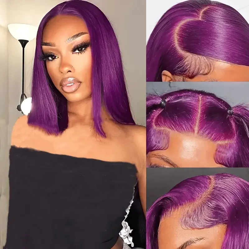 13×4 Purple Bob Lace Front Human Hair Wigs Straight Colored Brazilian Human Hair Short Bob Wigs Pre Plucked Purple Bob Hair Wig