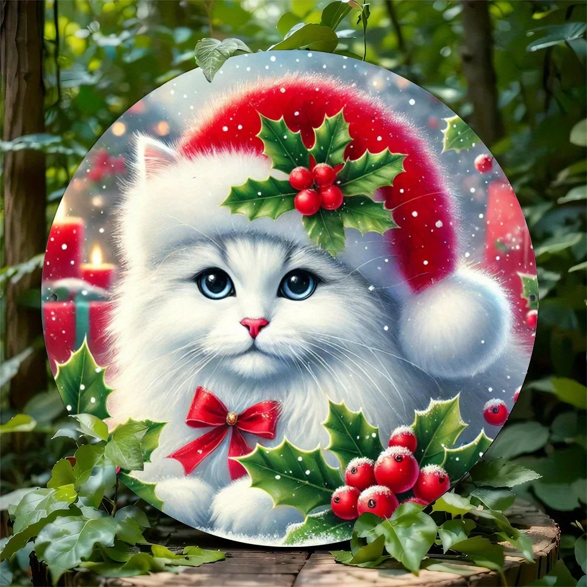 Charming 7.8x7.8in Round Aluminum Christmas Sign with Santa Hat Cat & Holly - Vintage-Inspired Wall Decor for Home, Office