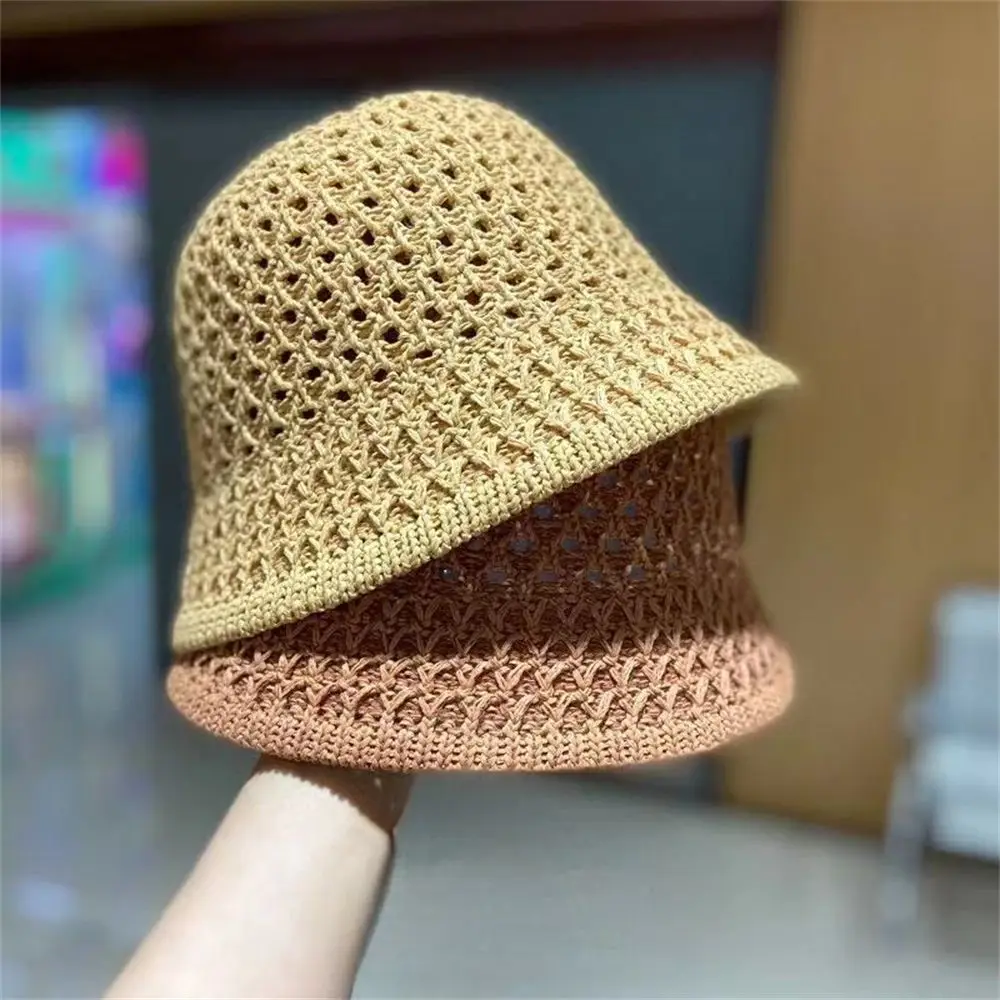 Bucket Hat Spring Summer Hollow Knitted Hat Solid Color Sunhat Fisherman Caps Casual Foldable Beach Cap