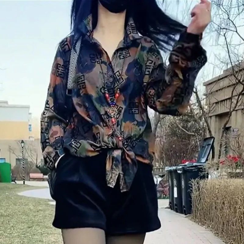 

Vintage Printed Lapel Button All-match Bandage Shirt Women's Clothing 2025 Spring Summer New Casual Tops Loose Commute Blouse