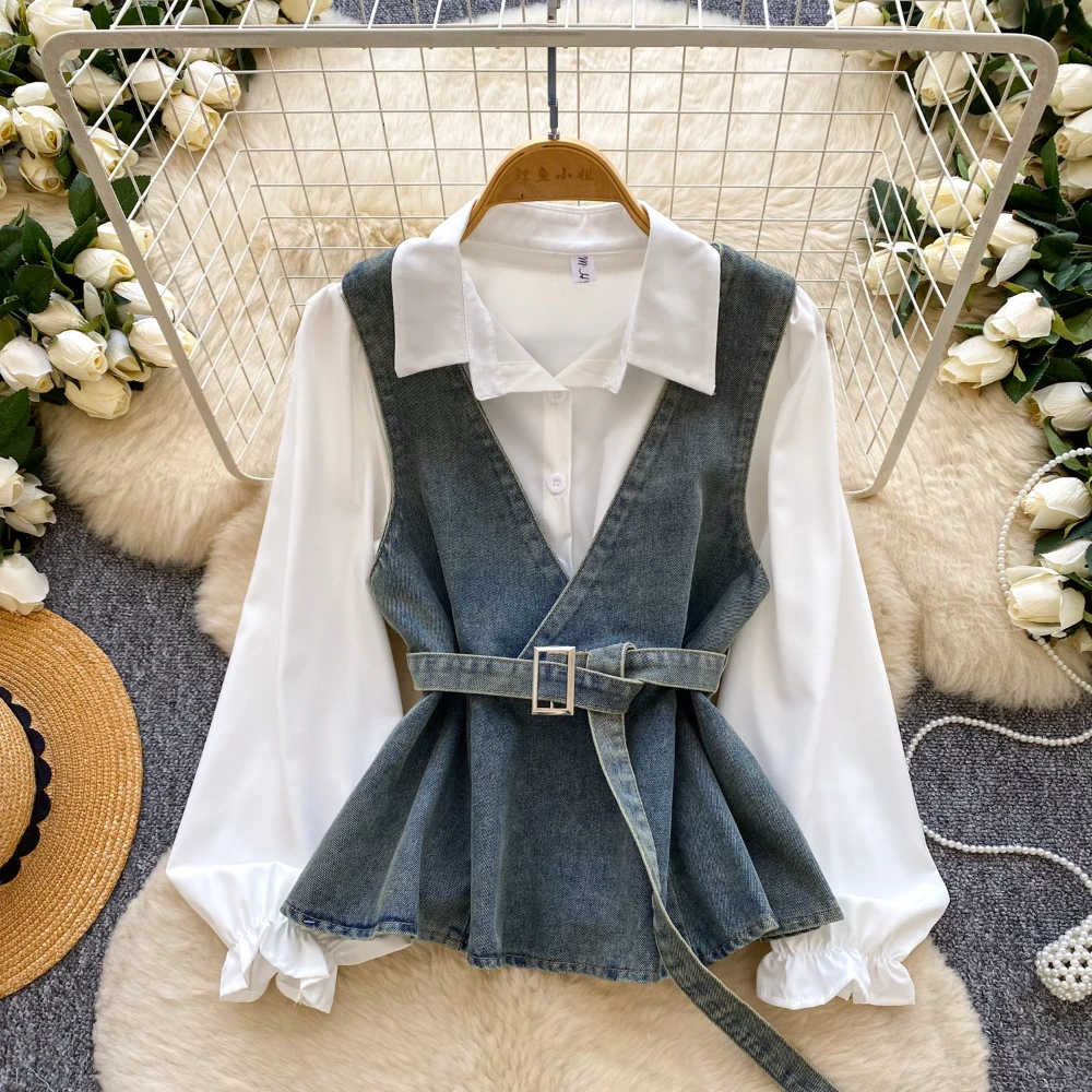 

Retro Waistband Wasit Cinching V-neck Denim Vest Turn Down Collar Flounce Long Sleeve Shirt Women's Korean Style Two-piece Set