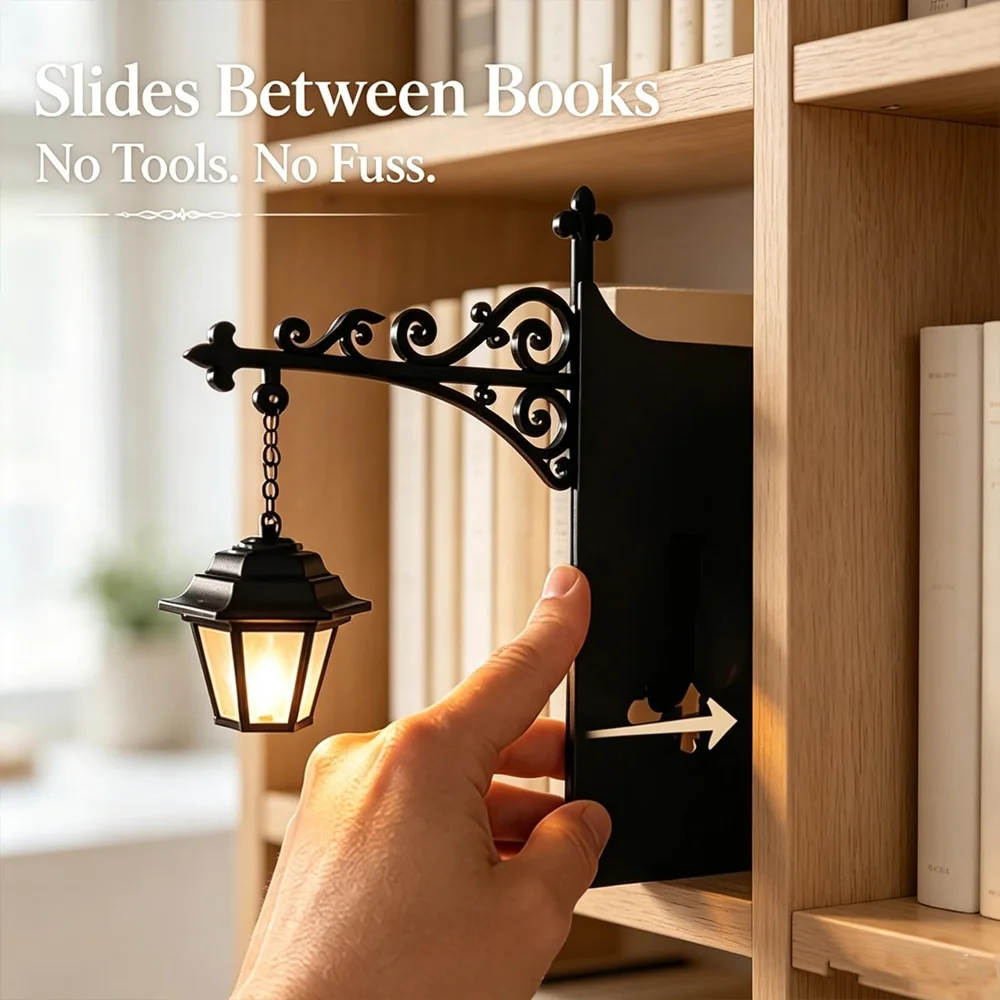 Vintage Hanging Library Lantern LED Bookshelf Lamp Bookend Style Base Warm Decor Light for Book Nook Home Library Reading Decor