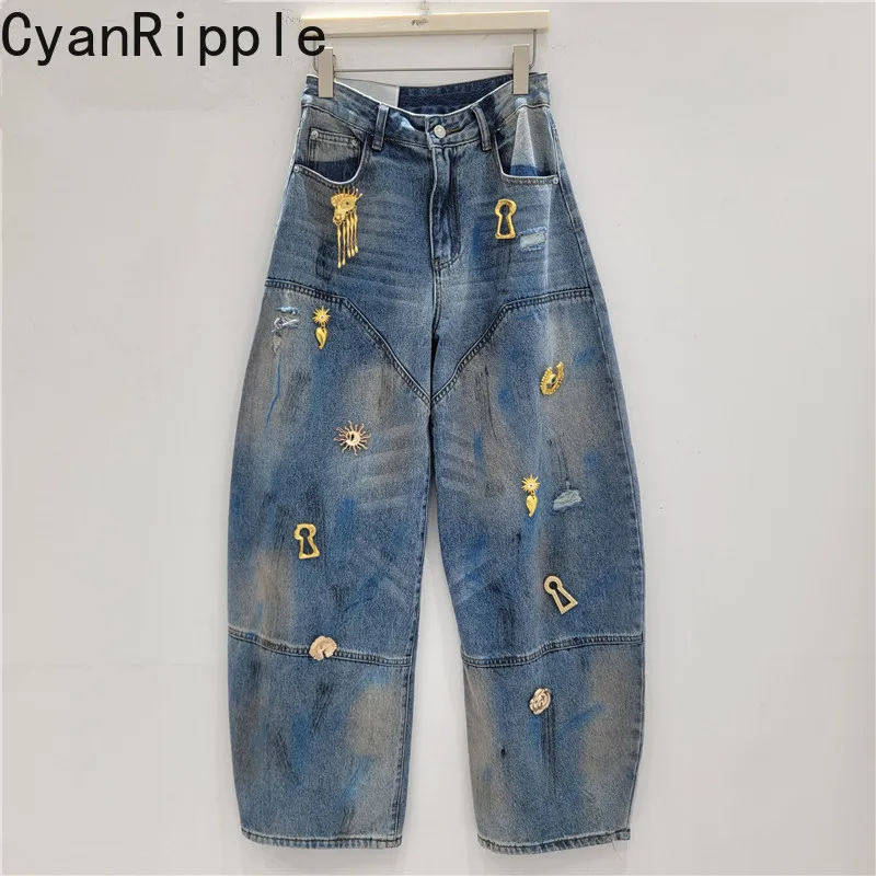 

American Hip-hop Loose Wide Leg Jeans New Spring Autumn Vintage Metal Button Decoration Streetwear Casual Straight Denim Pants
