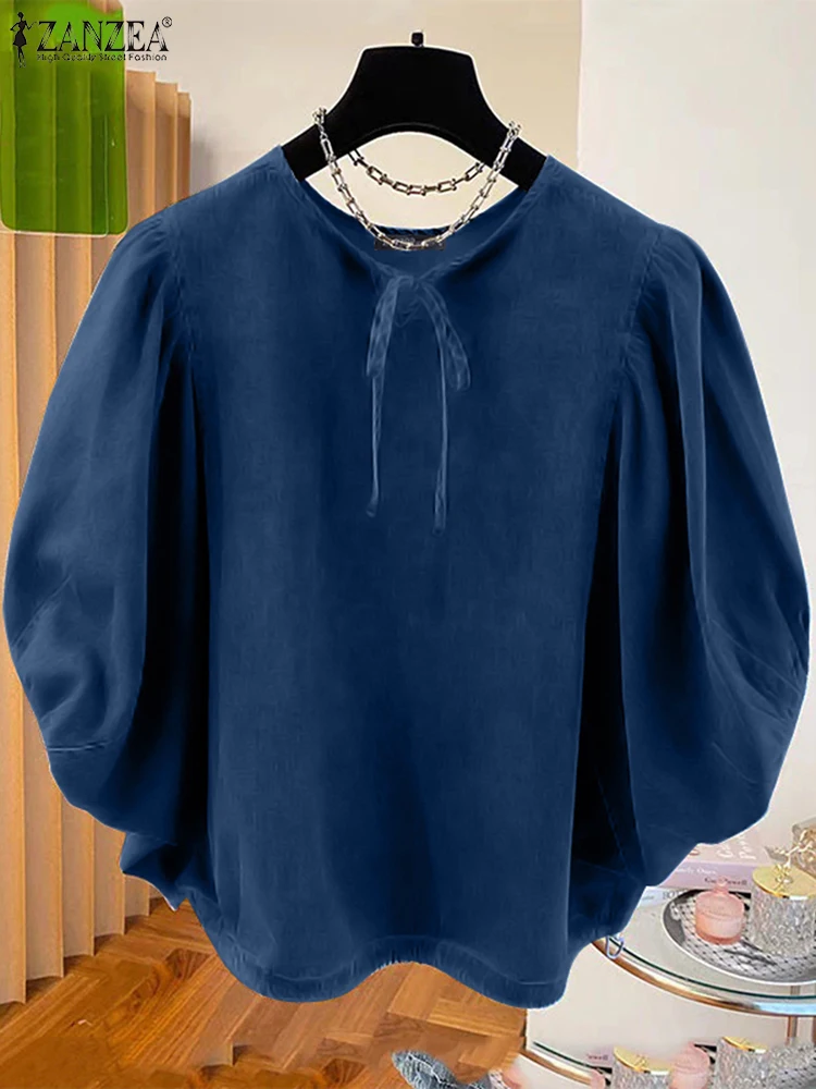 Frauen Einfarbig Bluse Mode Fledermaus 3/4 Ärmel Tops ZANZEA Casual Lose Kordelzug Saum Blusas 2024 Herbst Oansatz Blau Tuniken