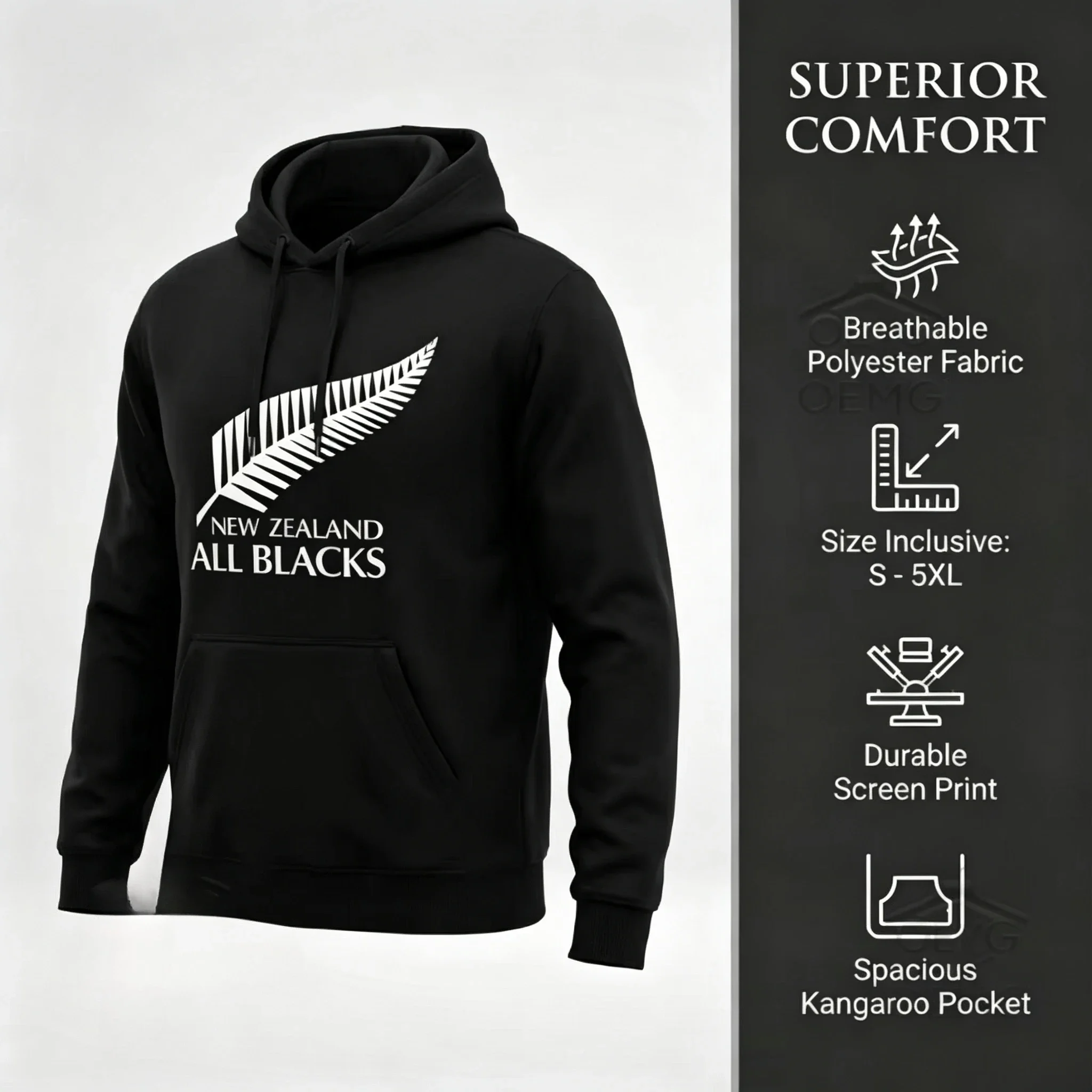 Sudadera con capucha de poliéster extragrande para hombre, modelo 2026, con estampado gráfico de plumas de los All Blacks de Nueva Zelanda, moderna, de talla grande