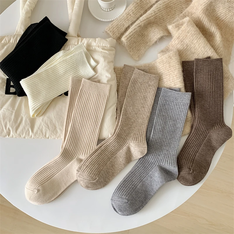 Retro Women Socks Japanese Style Autumn New Solid Color Warm Home Simple Crew Socks Girls Breathable Casual Striped Loose Socks