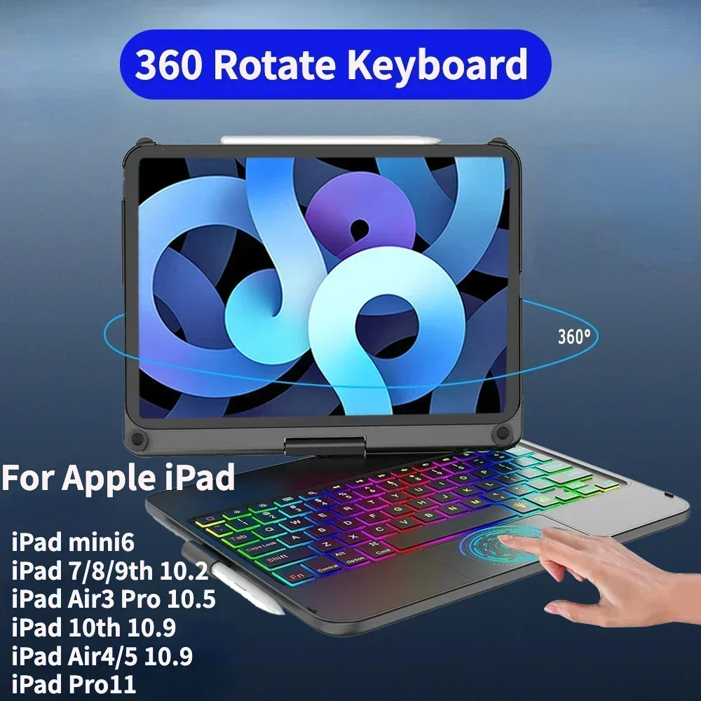 

360 Rotate Magic Keyboard Case for For iPad Air11 13 2024 M2,Pro11 12.9 iPad 10.2 7/8/9/10th ,iPad Cover Air4 5 Backlit Keyboard