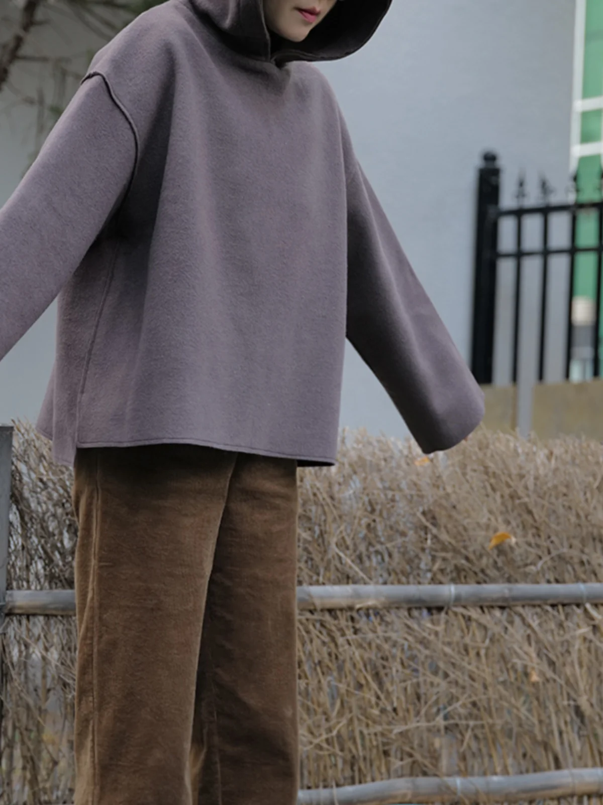 

Pure Color Woolen Hooded Asymmetric Top Women's Sweatirt Coat Casual Commute Sle Long Sve Loose Fit Winter Outerwear