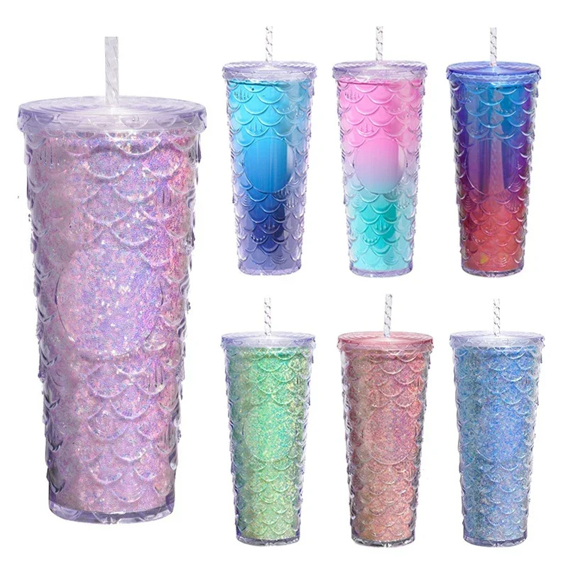 Customizable Fish Scale Summer Straw Coffee Cup Cold Drink Cup Double Layer High Capacity Plastic Water Bottle Diamond Cup