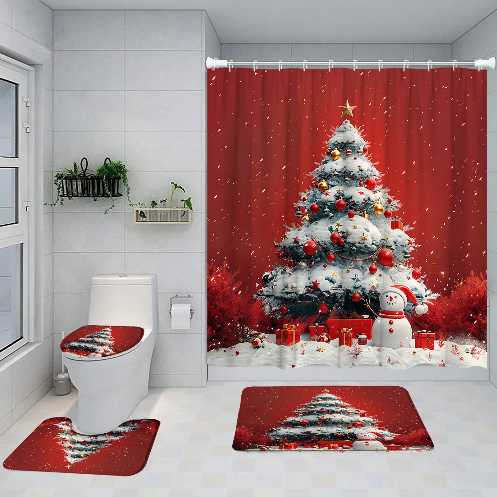 Merry Christmas Shower Curtain Set Happy New Year Snowman Winter Festival Snow Xmas Pine Tree Cartoon Bath Rug Toilet Lid Cover